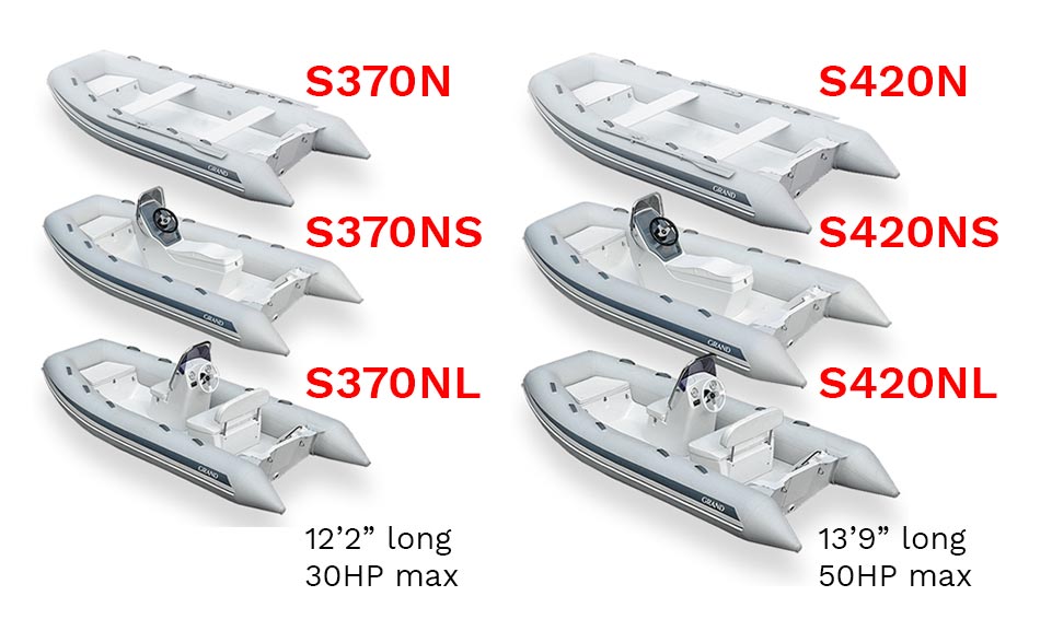 GRAND Silver line different types of inflatable boats are shown.