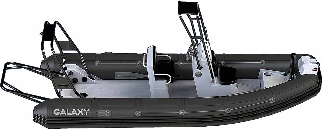 GALAXY Pro aluminum rigid inflatable boat (RIB) for professional applications that is 16 foot long with steering console, seating, storage, hand rails, and towing arch