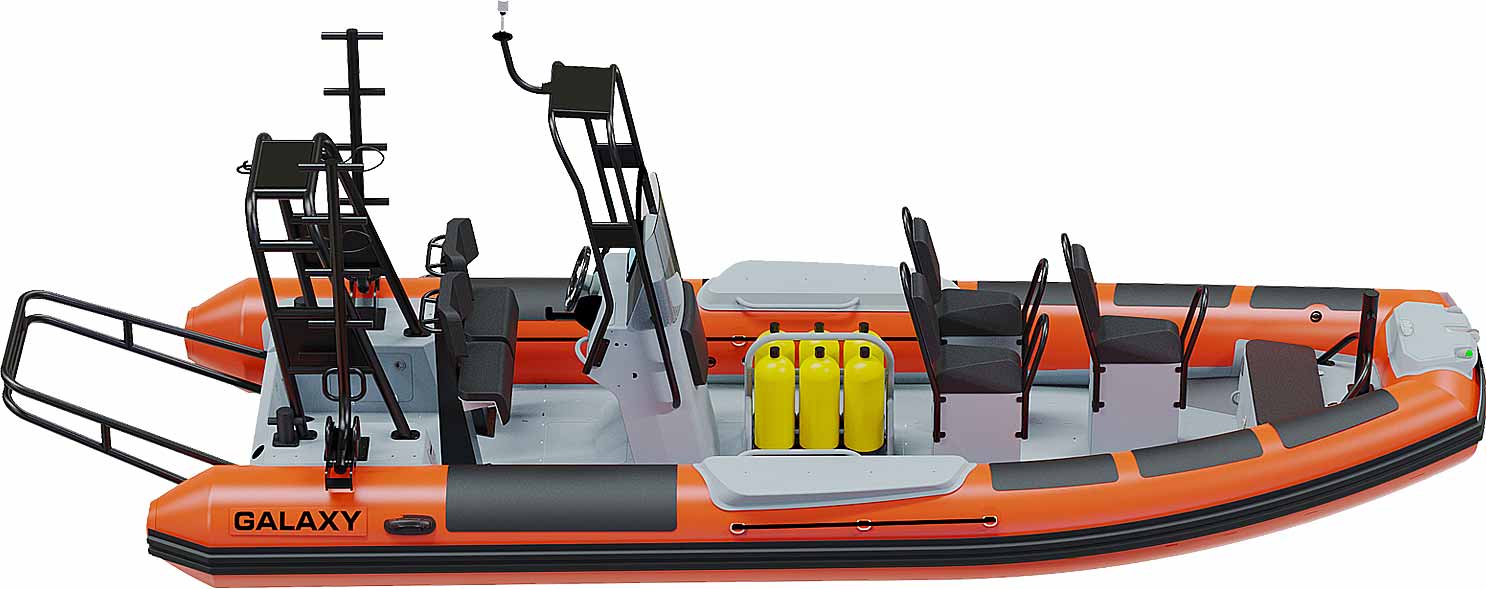 GALAXY Pro aluminum rigid inflatable boat (RIB) for professional applications that is 21’4″ foot long with steering console, seating, storage, scuba tank rack, hand rails, ladders, and towing arch