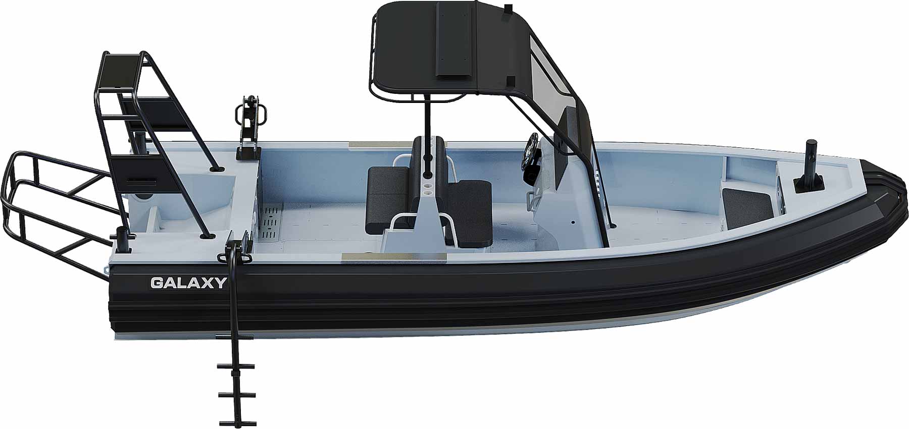 GALAXY Pro aluminum rigid inflatable boat (RIB) for professional applications that is 21’4″ foot long with steering console, seating, storage, hand rails, ladders, and towing arch