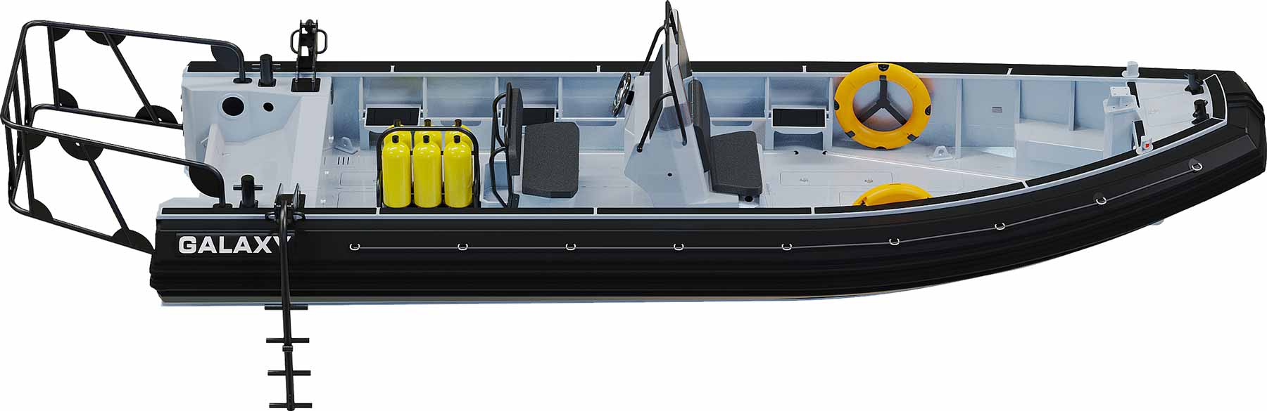 GALAXY Pro aluminum rigid inflatable boat (RIB) for professional applications that is 25’7″ foot long with steering console, tube cover, seating, storage, scuba tank rack, hand rails, ladders, and towing arch