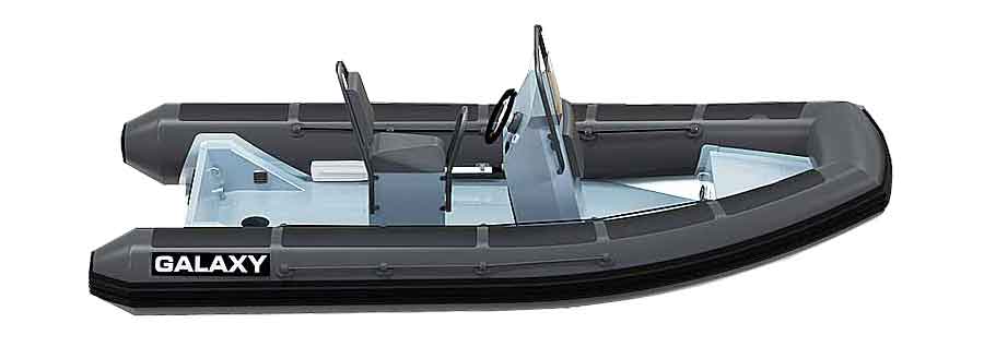 GALAXY Pro aluminum rigid inflatable boat (RIB) for professional applications that is 14'9" long with steering console, seating, storage, and hand rails.