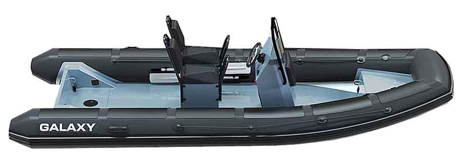 GALAXY Pro aluminum rigid inflatable boat (RIB) for professional applications that is 16’5″ long with steering console, seating, storage, and hand rails